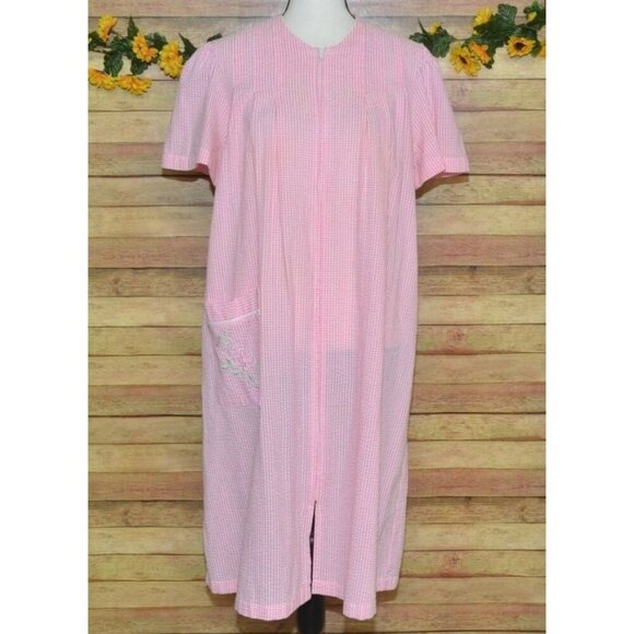 Vintage Miss Elaine Pink Check Seersucker Front Zip Nightgown Lounge Robe Size S - Picture 1 of 10